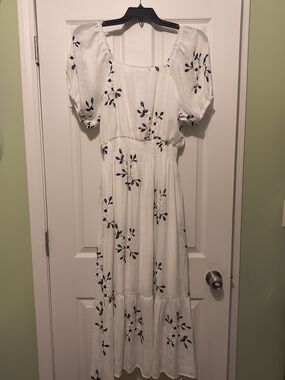 White Embroidered Dress - White With Blue And White Floral design